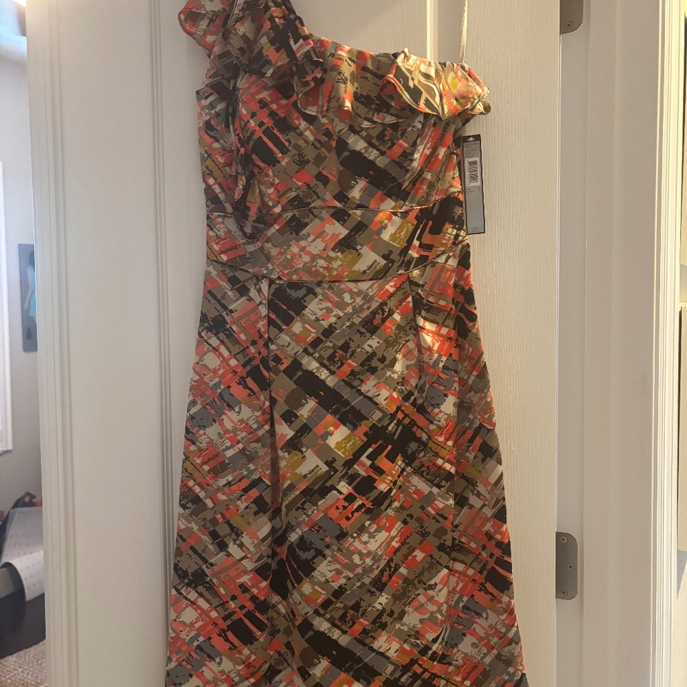 New Tahari  fall colors ivory, melon, brown ruffled one shoulder dress